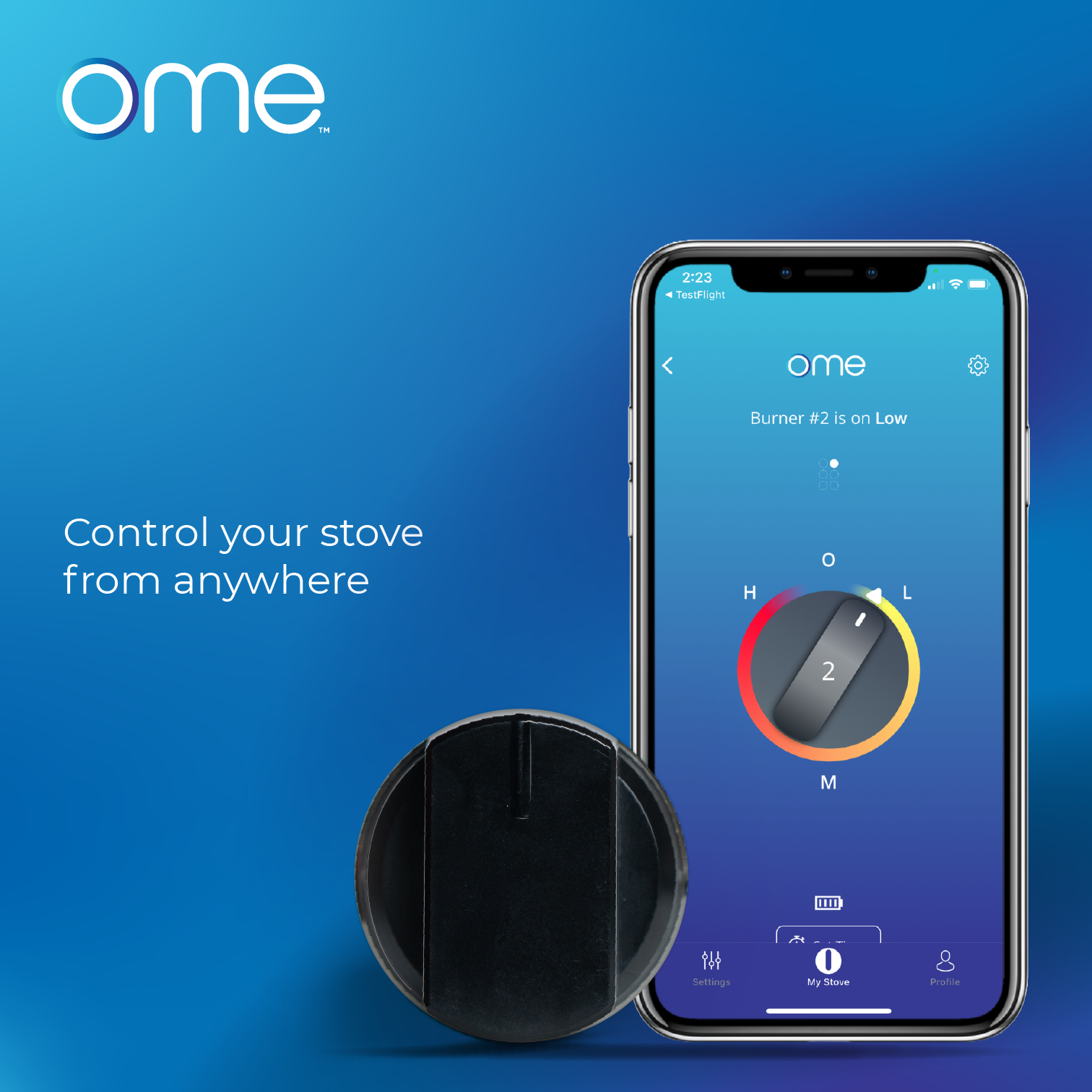 Smartphone screen with the Ome app showing stove burner settings, next to a black smart stove knob on a blue background. Text reads “Control your stove from anywhere.”