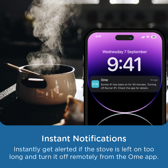 Steaming pot on a stove beside a phone screen showing an Ome app notification that a burner has been on too long. Text below reads “Instant Notifications.”