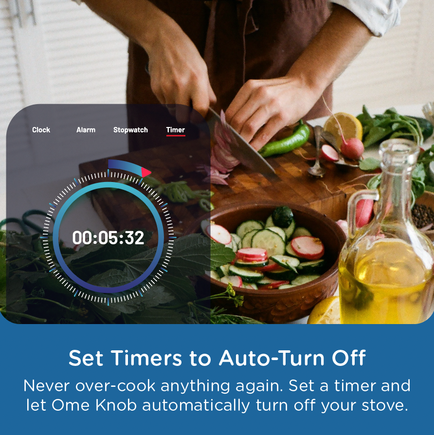 Close-up of hands chopping vegetables on a cutting board, overlaid with a timer display from the Ome app. Text below reads “Set Timers to Auto-Turn Off.”
